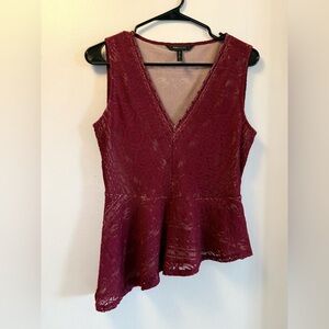 BCBGMaxAzria Burgundy Lace Peplum V-neck Asymmetrical Hem Top